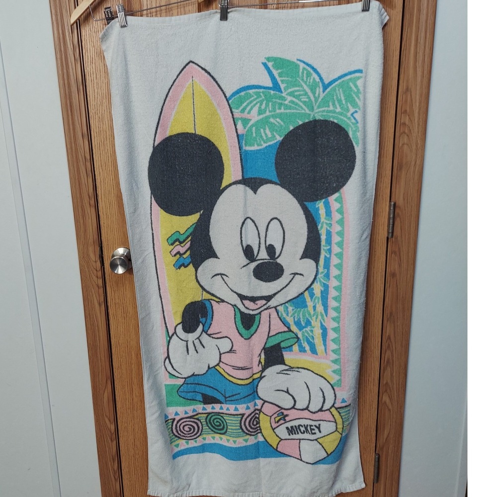 Vintage Disney Mickey Mouse Beach Towel 90s Surf Surfboard Franco Cotton USA